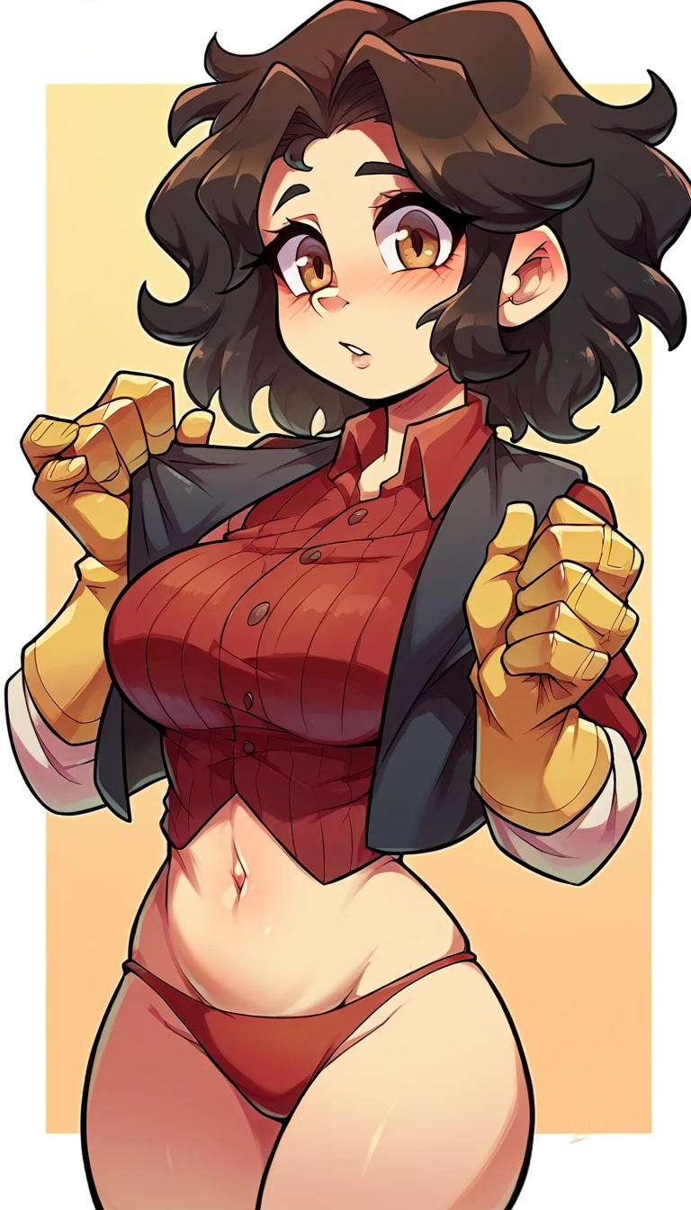 A cute sexy girl beautiful beautiful big breast long wavy black hair her brown eye wears a red blouse under a black vest shows navel and a red thong long yellow boot yellow metal gloves