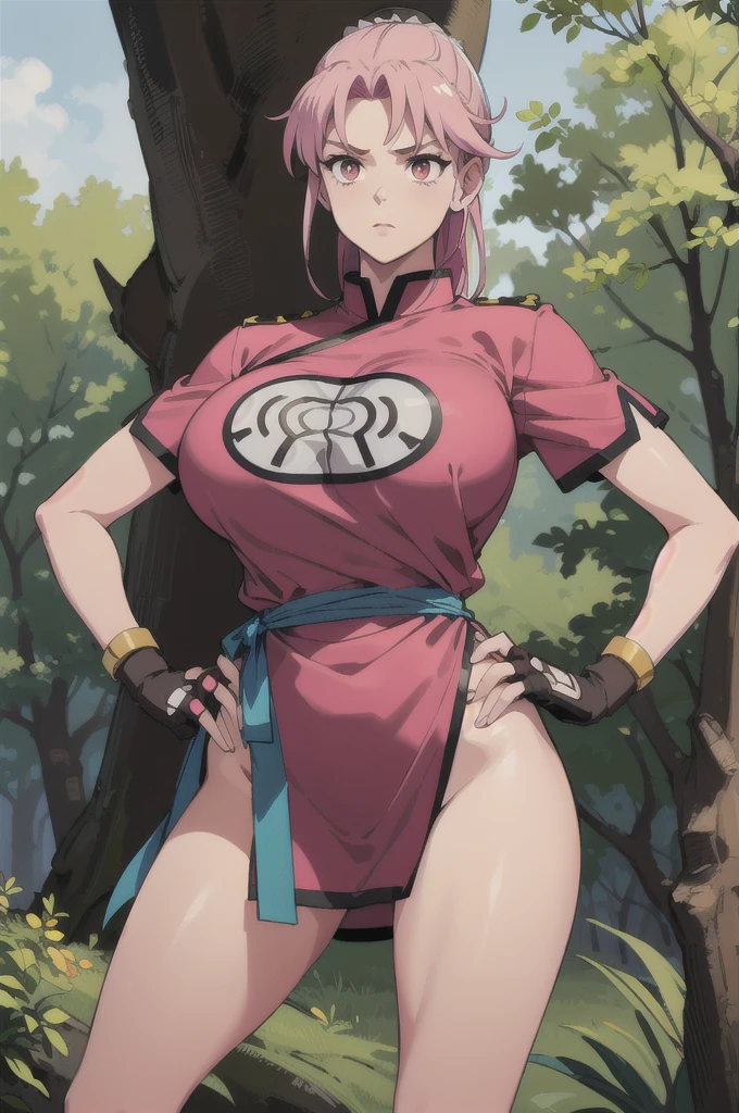 maam,big breasts,beautifuleyes,narrow waist,realistic,solo,outdoor,forest, martialMaam,pink hair,hair bun,long hair,china dress,short sleeves,sash,fingerless gloves,beautiful legs,(hands on hips, looking away),