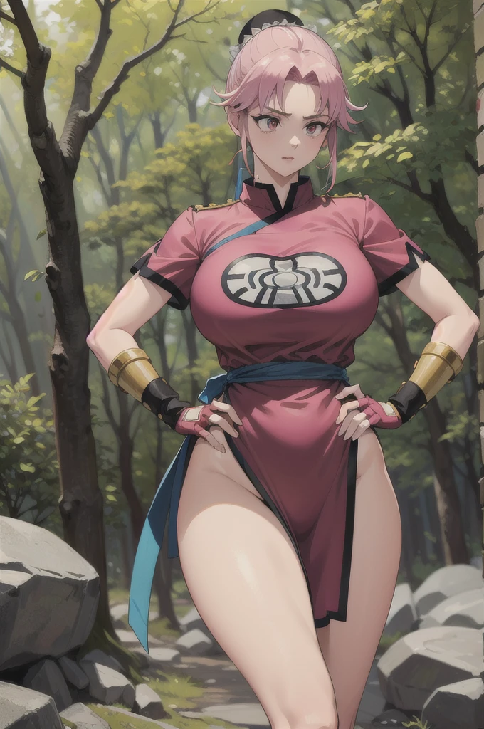 maam,big breasts,beautifuleyes,narrow waist,realistic,solo,outdoor,forest, martialMaam,pink hair,hair bun,long hair,china dress,short sleeves,sash,fingerless gloves,beautiful legs,(hands on hips, looking away),