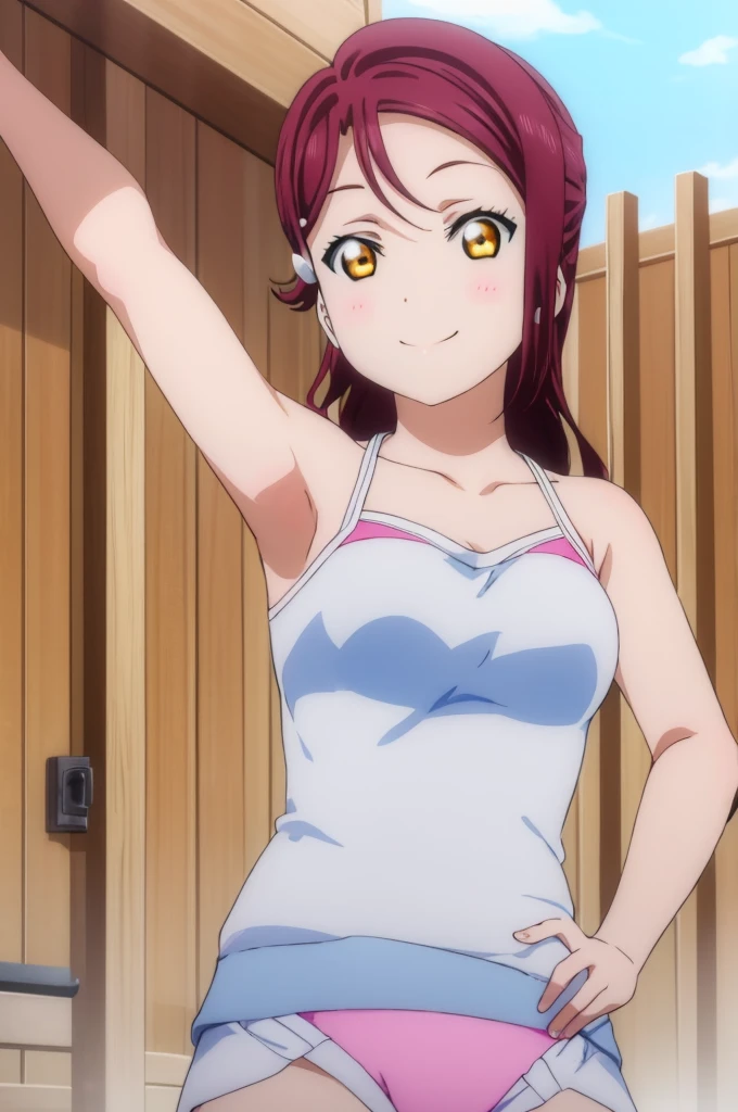 (((pixel-perfect, detail-perfect))), solo, 1girl, riko sakurauchi, smile, sauna, bikini, armpit, medium filesize, ultra High Qality