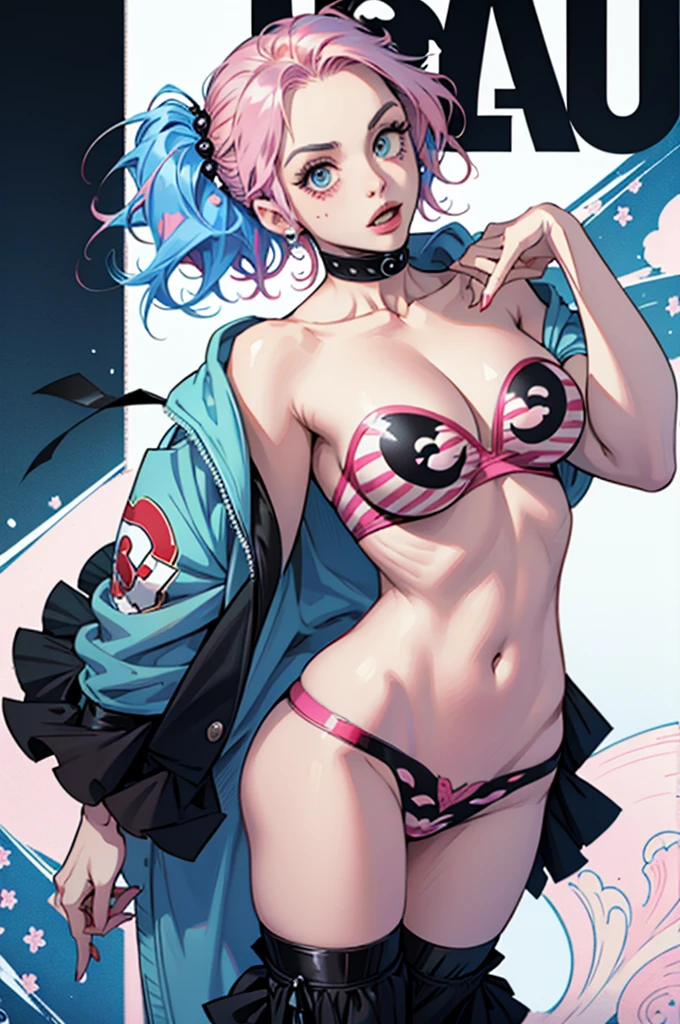 Harley quinn, pink and blue hair. line-drawing, comic strip, monochromes, illustratio, 1girl in, masutepiece, Best Quality, Super Detail