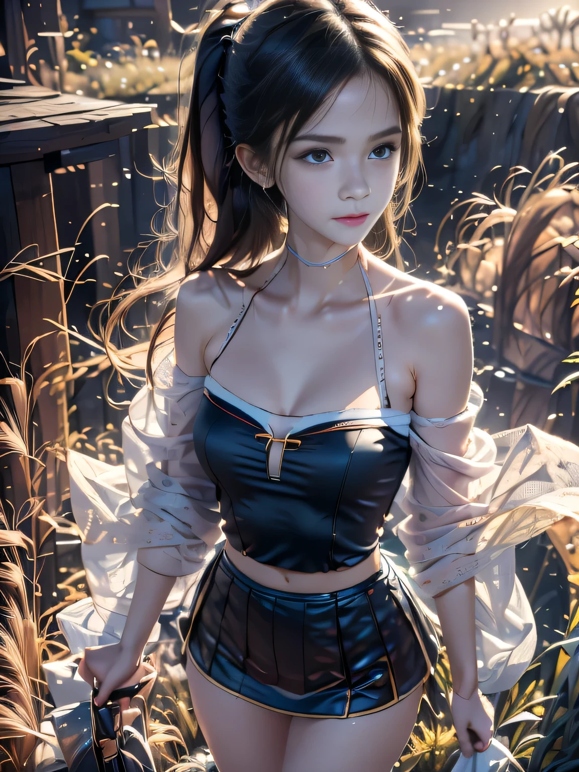 WZRY Gongsunli GF, masterpiece，best quality，High target quality，High target clarity，High target quality的纹理，High target quality的阴影，High target details，Beautiful details，Fine details，Extremely detailed CG，Detailed texture，lifelike面部表现，lifelike，Colorful，Beautifully，Clear focus，(Intricate details，Pure face_v1:0.5)，(Beautifully face with beautiful details，(Beautifully eyes)，Perfectly proportioned face，High targetSkin details，Skin details，best ratio of four fingers and one thumb，emaciated:1.3)，1 girl，17 years old，High target，(Smooth abdominal muscles:1.55)，(Abdominal muscles:0.5)，beautiful，perfect，High target，((Bare shoulders)), ((The skirt is very short)), (Long legs)，(Straight Legs)，(Thin waist)，((White skin))，White skin，((White skin))，(Emma Watson)，Large Breasts，((teapot))，Light Blonde Hair，Standing，Looking at the audience，whole body，Portrait of cute blonde girl，((Standing in the wheat field,look into the distance))，bloom，Orange Fog，Sporty，A strand of hair，lifelike，High target quality渲染，Amazing Art，High target quality，film texture，Fuji XT3，Dream