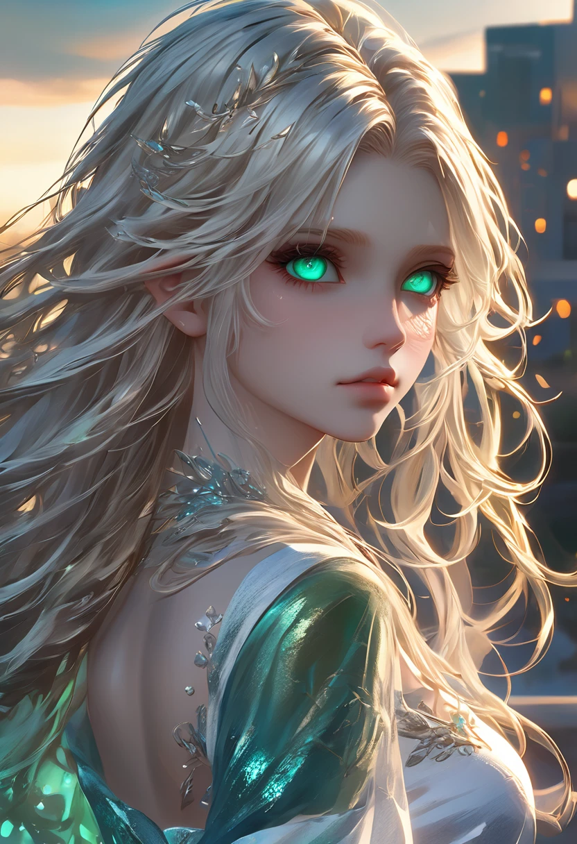 High resolution RAW color art, animation,Sculpture, Silver Marble Skin, (((Highly detailed elegant))), Magical atmosphere, Detailed skin, texture,(Exquisitely crafted, The finer details, Ultra-detailed art), Depth of written boundary, Bokeh, Silky Touch, Hyper Detail,,euphilia, One Girl,Anime girl with long blonde hair and dark turquoise eyes in a white dress, Glowing green eyes,Beautiful Eyes, Elegant face, Magic City, sunrise, Upper Body, (Big Hips, View from below), Under the chest