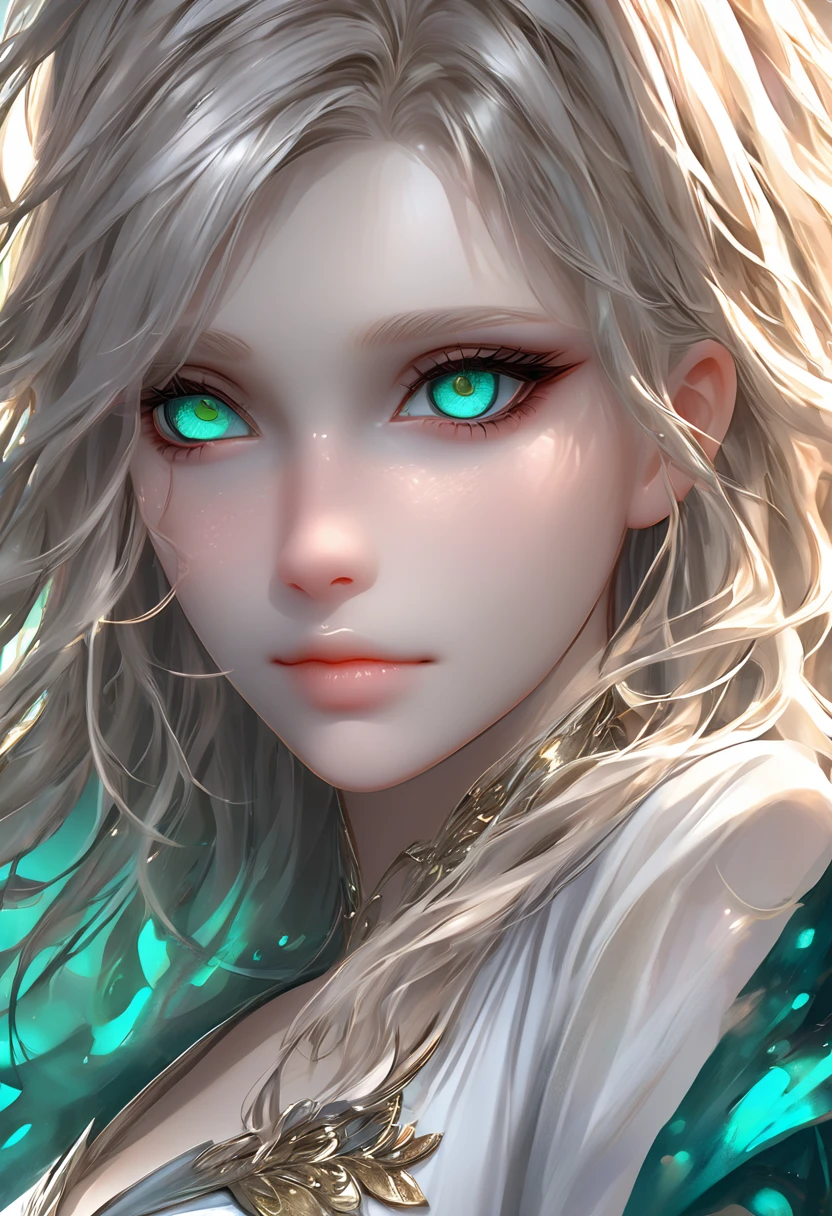 High resolution RAW color art, animation,Sculpture, Silver Marble Skin, (((Highly detailed elegant))), Magical atmosphere, Detailed skin, texture,(Exquisitely crafted, The finer details, Ultra-detailed art), Depth of written boundary, Bokeh, Silky Touch, Hyper Detail,,euphilia, One Girl,Anime girl with long blonde hair and dark turquoise eyes in a white dress, Glowing green eyes,Beautiful Eyes, Elegant face, Magic City, sunrise, Upper Body, (Big Hips, View from below), Under the chest