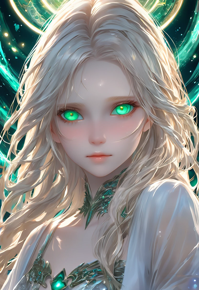 High resolution RAW color art, animation,Sculpture, Silver Marble Skin, (((Highly detailed elegant))), Magical atmosphere, Detailed skin, texture,(Exquisitely crafted, The finer details, Ultra-detailed art), Depth of written boundary, Bokeh, Silky Touch, Hyper Detail,,euphilia, One Girl,Anime girl with long blonde hair and dark turquoise eyes in a white dress, Glowing green eyes,Beautiful Eyes, Elegant face, Magic City, sunrise, Upper Body, (Big Hips, View from below), Under the chest