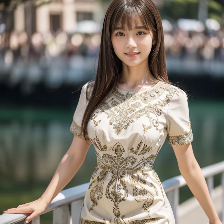 (Full Body Shot:1.1), (panorama:1.8), Cinema Lighting, ((Highest quality)), (RAW Photos, Highest quality), ( Realistic:1.4), realism, masterpiece, Very delicate and beautiful, Very detailed, 4k wallpaper, wonderful, finely, Very detailed CG unity 8k wallpaper, Very detailed, High resolution, Soft Light, Japanese, (one shot:1.9), (24-years-old:1.6), (Round face:1.2), (Fat:0.8), Beautiful detailed woman,Famous Japanese actresses, Detailed face, finelyて美しい目, Very detailedな目と顔, Beautiful eyes and a beautifully detailed nose, Ultra HD glossy lips, (Straight Hair:1.4), Shiny Hair, Shiny Hair, Brown Hair, (bangs:1.4), Long, slender legs, Toned body, (Smiling:1.2), Natural Makeup, (LET IT PASS, Retro dresses, Short sleeve dress:1.8), (A very intricate and elaborately decorated dress:1.3),