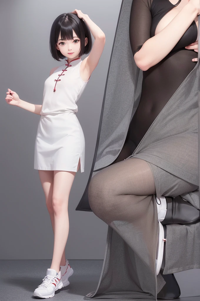 do a to the camera, full body, beautiful chinesse girl, short hair, presenting the palms of his hand, shoe close, finger spread