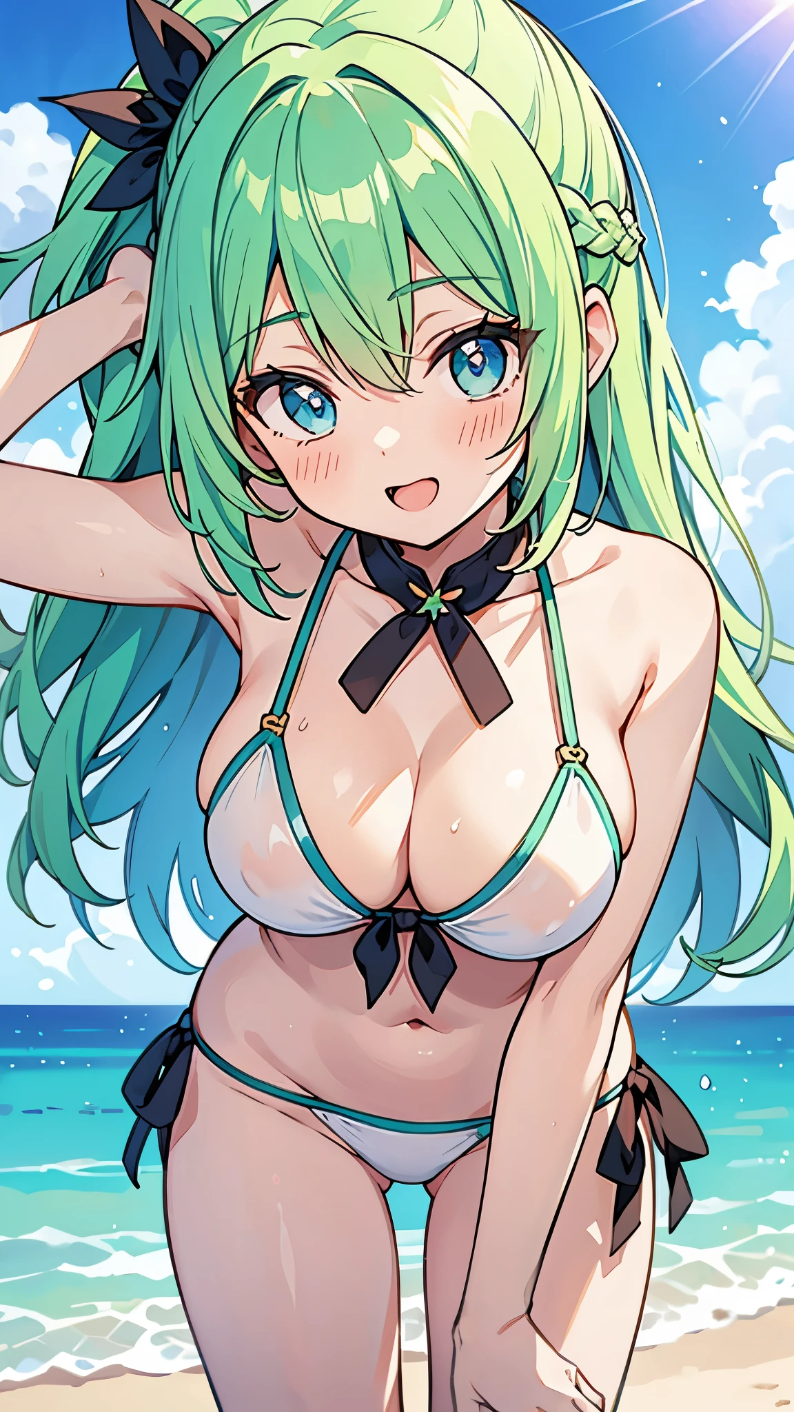 ((A Pretty girl with green hair and blue eyes)), ((wearing the white colored bikini)), , ((top-quality, master piece, ultra-definition, high resolution)), anime girl, ((ultra-detailed illust:1.2)), only one person, bangs, hair between eye, beautiful hair, Beautiful eyes, super gigantic breasts, Big smile, opened mouth, on the beach, ((leaning forward:1.2)), combing hair