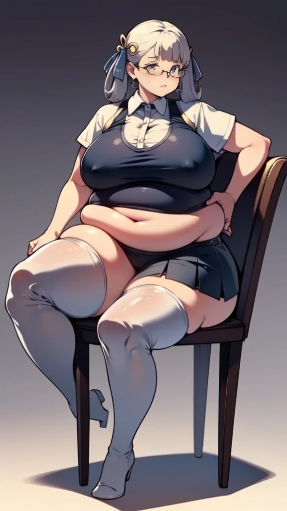 (masterpiece, best quality, glasses, full body), 1girls, big belly, blurry background, huge belly, art by kipteitei, round belly, chubby, curvy, white button-up shirt, skirt, thighhighs, simple_background, gradient_background, belly bursting out of shirt, belly grab, enormous belly, fat belly, thicc, bigger belly, sitting on chair, really big belly, jiggly belly, shirt covering belly, belly cover by shirt