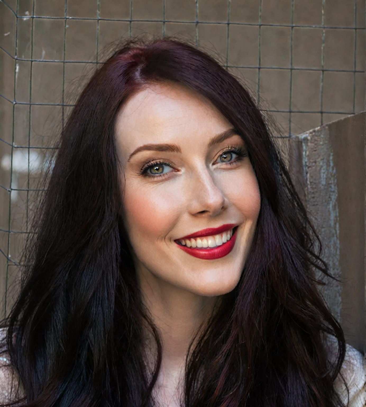 arafed woman with long dark hair and red hair, with pale skin, smiling, profile image, looking to the side off camera, high quality portrait, pale skin and dark eyes, color portrait, looking to the side, portrait image, sultry look, anastasia ovchinnikova, inspired by Jessie Alexandra Dick, headshot profile picture, tiffany dover