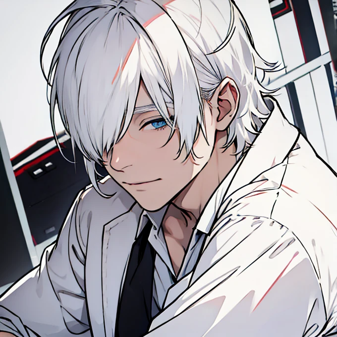 Human Male , shirt ,Desset ,Hair over eyes , white hair 