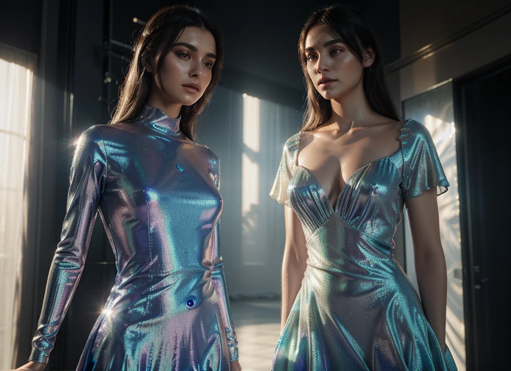 Hyperrealistic 8k high detail 3d art, otherworldly dress on mannequin, shimmering fabric, opal with rainbow undertones in shining backlight