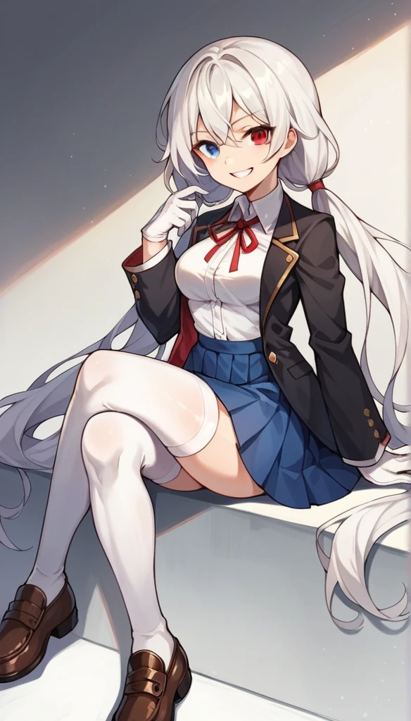 1girl, solo, long hair, breasts, looking at viewer, smile, blue eyes, red eyes, long hair, medium breasts, looking at viewer, smile skirt, shirt, thighhighs, gloves, long sleeves, ribbon, twintails, sitting, very long hair, , black jacket, white shirt, white hair, pleated skirt, shoes, white gloves, grin, white thighhighs, red ribbon, blue skirt, neck ribbon, low twintails, heterochromia, brown footwear, crossed legs, loafers,