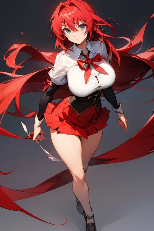 large breasts,full body shot, tall girl, ribbon, white collared shirt, red pleated skirt, black capele,rias gremory from high school dxd