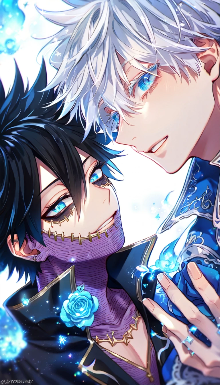 (absurdres, highres, ultra detailed, HDR) master piece, best quality, extremely detailed face, delicated features, Dabi, black hair, expressive turquoise eyes, Boku No Hero Academia, Gojou Satoru, white hair, expressive blue eyes, white eyelashes, two sexy men together, yaoi, gay couple, handsome, smile, black coat, blue coat with fur, magical fantasy, glittering, sparkling, blue roses, radiant, blue sparkling fireflies, blue fire, envy magical, fantasy
