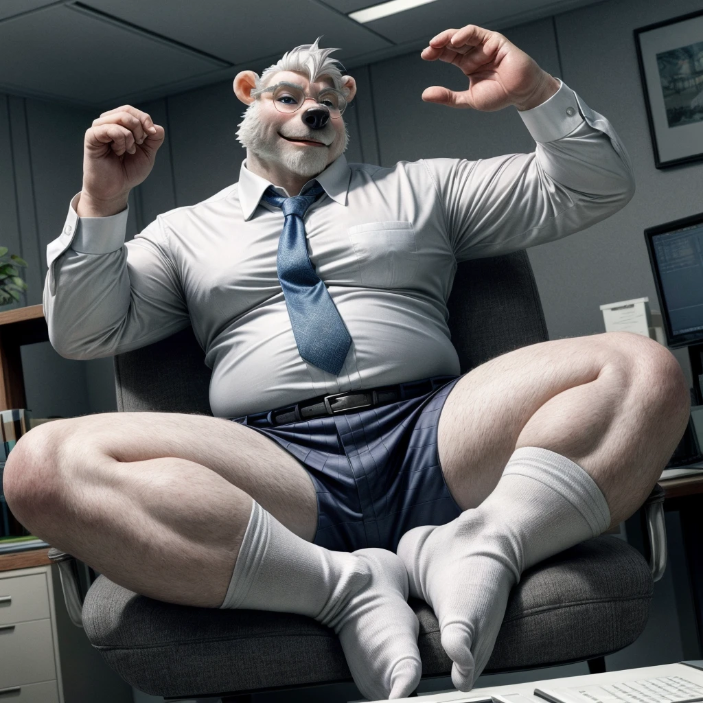 chubby polar bear dad male office suit white shirt slighly well built , blue eyes glasses, head crest white hair, levitating relaxing spread legs, five finger feet with white ankle sock, disney profile, full body smug , kemono , high quality