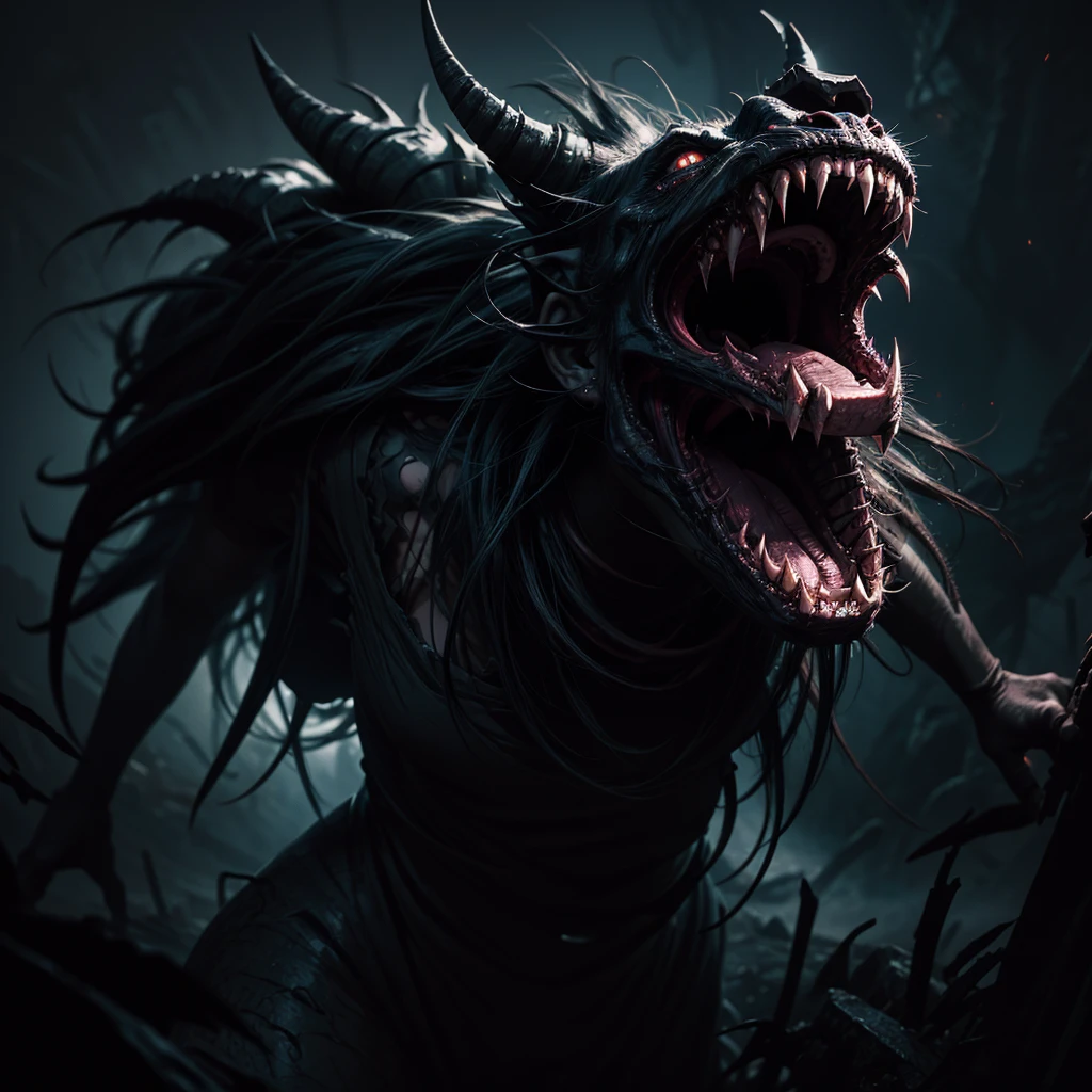 a possessed monster girl screaming towards the camera,1girl,demon,horns,fangs,glowing eyes,wild hair,distorted face,open mouth,sharp teeth,dramatic lighting,dark atmosphere,moody colors,digital art,fantasy,concept art,cinematic,unreal engine,highly detailed,octane render,photorealistic,8k