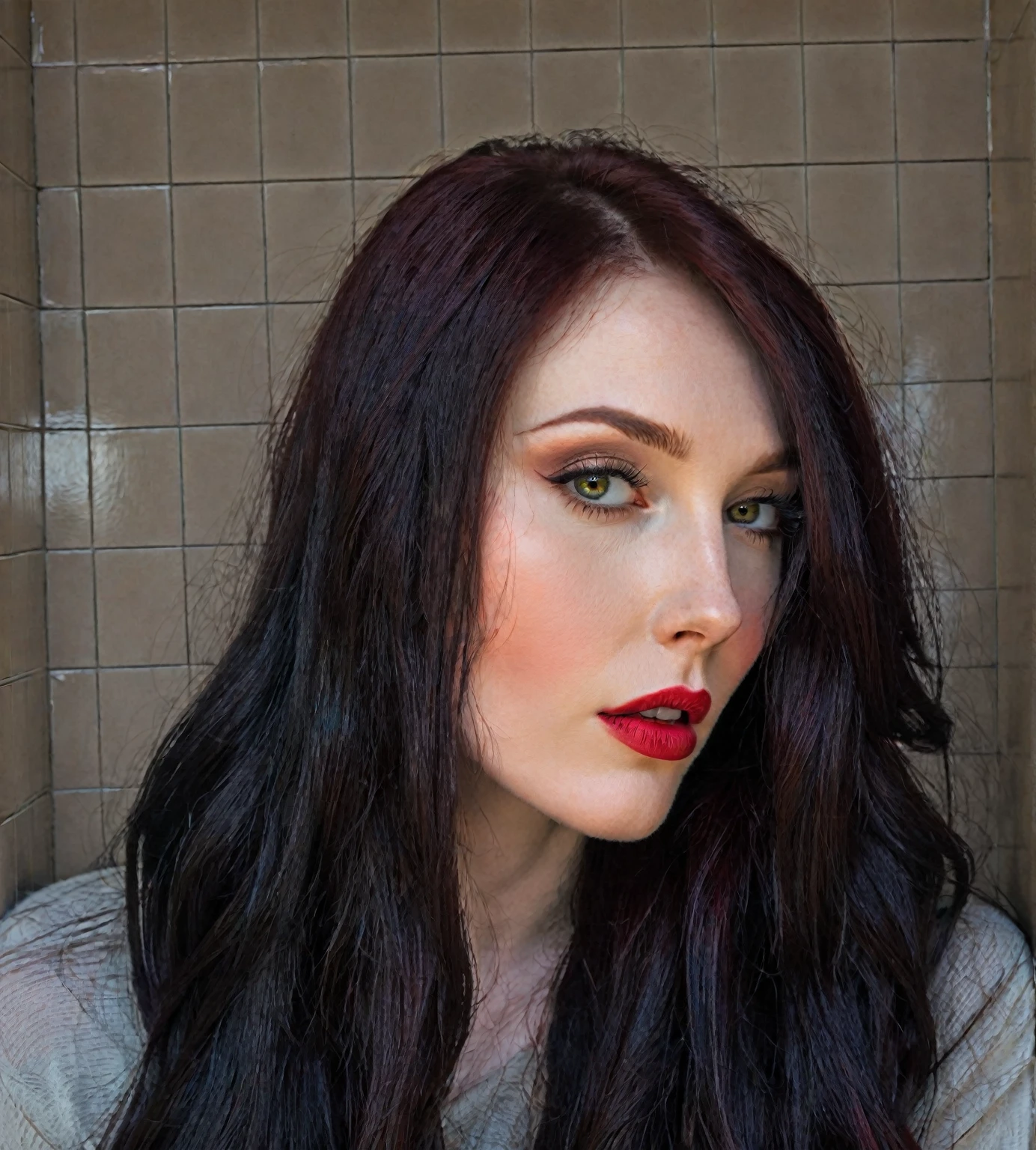 arafed woman with long dark hair and red hair, with pale skin, profile image, looking to the side off camera, high quality portrait, pale skin and dark eyes, color portrait, looking to the side, portrait image, sultry look, anastasia ovchinnikova, inspired by Jessie Alexandra Dick, headshot profile picture, tiffany dover