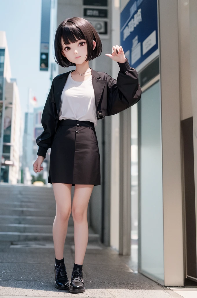 do a to the camera, full body, beautiful chinesse girl, short hair, presenting the palms of his hand, shoe close, finger spread