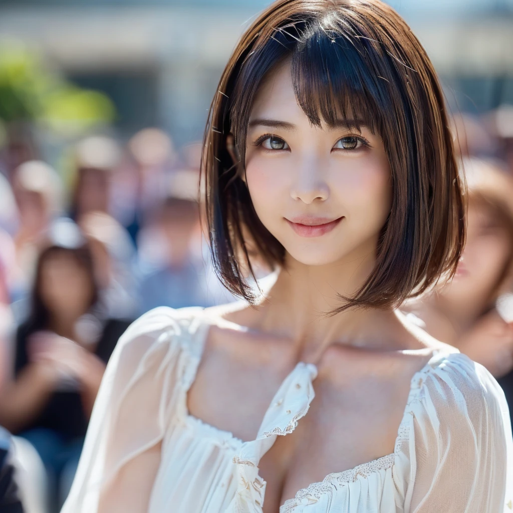 (SFW:1.8、masterpiece, 最高quality),photorealistic realism, 32k, quality, (非常に不条理なquality, Very detailedな詳細, Super Resolution, Crisp and sharp focus, Not blurry, Realisticな茶色_eye), ((Perfect darkness_eyehadows:1.45)), (Very detailed, Beautiful little nose:1.2), (Perfect composition), (Upper Bodyショット), 彼女のFace close-up, Beautiful cheekbones, double eyelid, Digital SLR, 最高qualityのソフト照明,(1 Girl, alone, hyper Realistic, Realistic,Realistic, Looking at the audience, 明るい青緑色のeye:1.4,Brunette Short Bob Hair with highly detailed shiny hair, Very delicate and beautiful brightly colored clothing:1.4, Lepangas:1.4), Upper Body、big chest eye、eyelash、{Hugeな|big chest|Hugeなな|Mega} whole :2, chestの谷間:2、(((Beautiful and cute bangs:2、Jet Black Hair:2、eyeにハイライトを加える:1.4、big chest eye、Short Bob Hair、Glowing Skin:1.4、Looking at the audience、She is very 美しい and cute、Show me your ears、Beautiful long neck、smile、Please smile with your teeth showing、Bangs and beautiful teeth)))、Ideal body type、、uniform, blazer、School teacher、Background in front of the school gate、Beautiful cherry blossom tree background))、Beautiful long neck:1.4、(({Huge|big|Hugeな|Mega} chest, chestの谷間:2))、(((Portraiture:2、Face close-up:2、chestのクローズアップ:2)))、((Transparency、clear、Transparent beauty、Gloss))、Perfect Anatomy、((Attractive woman)), (((The whole body is visible, naked, chestを強調))),