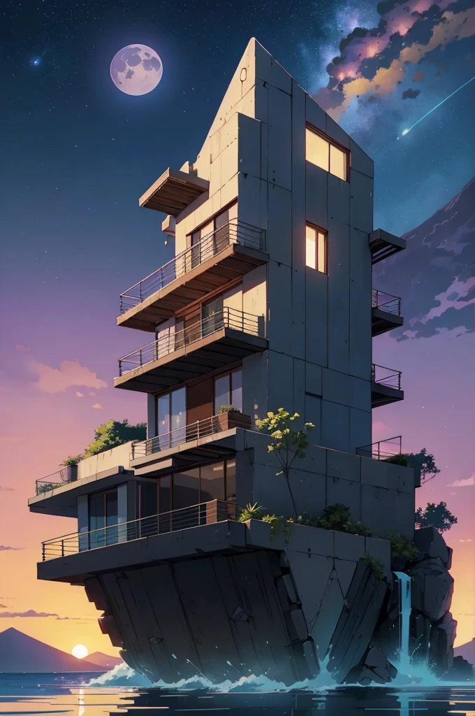 anime (best-quality:0.8), (best-quality:0.8), perfect anime illustration, we've been trying to reach you about your cars extended warranty, An illustration in collage style, with giant boulders, brutalist building sections, terraces, stairs, cacti, agave, concrete texture, multiple geometric shapes, hatch and cross hatching, planet saturn, volcano, moon, Luis Barragán's architectural style build, milky way galaxy, violet, one motorcycle, An illustration in collage style, with giant boulders, brutalist building sections, stairs, cacti, agave, concrete texture, multiple geometric shapes, hatch and cross hatching, planet saturn, volcano, moon, Luis Barragán's architectural style build, reflective pool, terraces. An elegant and modern build, in top of big boulders, with terraces, materials concrete, wood, steel and crystal, various gardens with tropical vegetation, cacti and rocks, stairs, a pool. In middle of sea, a big wave near, sunset, mountains and a volcano in the horizont, cute islands around, illustration format, cute color palette, detailed, masterpiece, award-winning work A 1999 Nissan GTR in Tron form r34 horizonte Lamborghini under a pink and purple sky, an anime drawing by Makoto Shinkai, trending on pixiv, magical realism, beautiful anime scene, cosmic skies. by makoto shinkai, ( ( makoto shinkai ) ), by makoto shinkai, anime background art, style of makoto shinkai