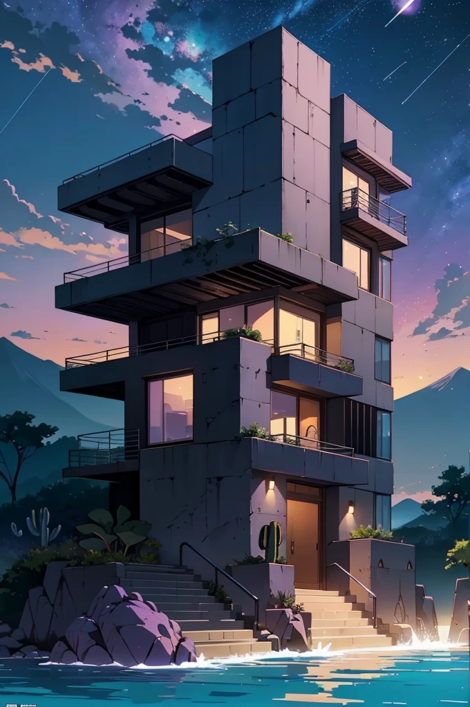 anime (best-quality:0.8), (best-quality:0.8), perfect anime illustration, we've been trying to reach you about your cars extended warranty, An illustration in collage style, with giant boulders, brutalist building sections, terraces, stairs, cacti, agave, concrete texture, multiple geometric shapes, hatch and cross hatching, planet saturn, volcano, moon, Luis Barragán's architectural style build, milky way galaxy, violet, one motorcycle, An illustration in collage style, with giant boulders, brutalist building sections, stairs, cacti, agave, concrete texture, multiple geometric shapes, hatch and cross hatching, planet saturn, volcano, moon, Luis Barragán's architectural style build, reflective pool, terraces. An elegant and modern build, in top of big boulders, with terraces, materials concrete, wood, steel and crystal, various gardens with tropical vegetation, cacti and rocks, stairs, a pool. In middle of sea, a big wave near, sunset, mountains and a volcano in the horizont, cute islands around, illustration format, cute color palette, detailed, masterpiece, award-winning work A 1999 Nissan GTR in Tron form r34 horizonte Lamborghini under a pink and purple sky, an anime drawing by Makoto Shinkai, trending on pixiv, magical realism, beautiful anime scene, cosmic skies. by makoto shinkai, ( ( makoto shinkai ) ), by makoto shinkai, anime background art, style of makoto shinkai