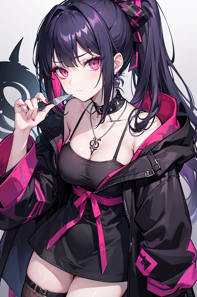 The female character shown in the images has the following characteristics:
- **Hair**: Black with bright pink highlights. She has a high ponytail hairstyle, often tied with a large red bow.
- **Eyes**: Large, blue in color and very expressive.
- **Skin**: Fair with marks or scars on the face, giving a worrying appearance.
- **Face**: She often wears a worrying or mischievous expression, with bloody marks around the mouth, reminiscent of a forced smile or a smile-shaped scar.
- **Clothing**: She is seen in casual clothes like a purple hoodie, as well as more gothic/punk outfits with red and black plaid designs, accessories like necklaces and earrings.
- **Accessories**: She often has a bloody knife in her hand, and wears necklaces, including one with the name "JEFF" and another with "NINA".
- **Posture**: She adopts relaxed but threatening postures, adding to her dangerous appearance.