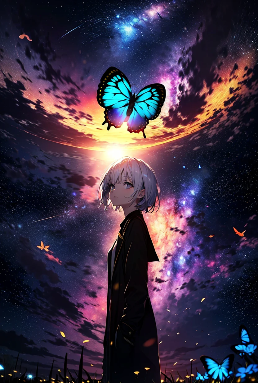 City of night,rain,Black coat,Put your hands in your pockets,(student, 18-year-old,beauty, Her short silver hair sways, Space-colored eyes, Pale skin, Tired face、Lack of eye sparkle\) Looking up at the sky, (Many bright blue butterflies flying in the sky), (Shining across the sky), Beautiful starry sky,There are puddles on the ground、The scenery is beautiful., 広いLooking up at the sky, Colorful summer flowers are blooming everywhere, I see the wind blowing and shining,From below, break ,Highest quality\(8K,非常に精細なCGユニットのwallpaper, masterpiece,High resolution,Highest quality,Highest quality real texture skin,Surreal,Increase the resolution,RAW Photos,Highest quality,Very detailed,wallpaper,Cinema Lighting,Ray Tracing,Golden Ratio\),Have a long-term perspective,Anatomically correct.