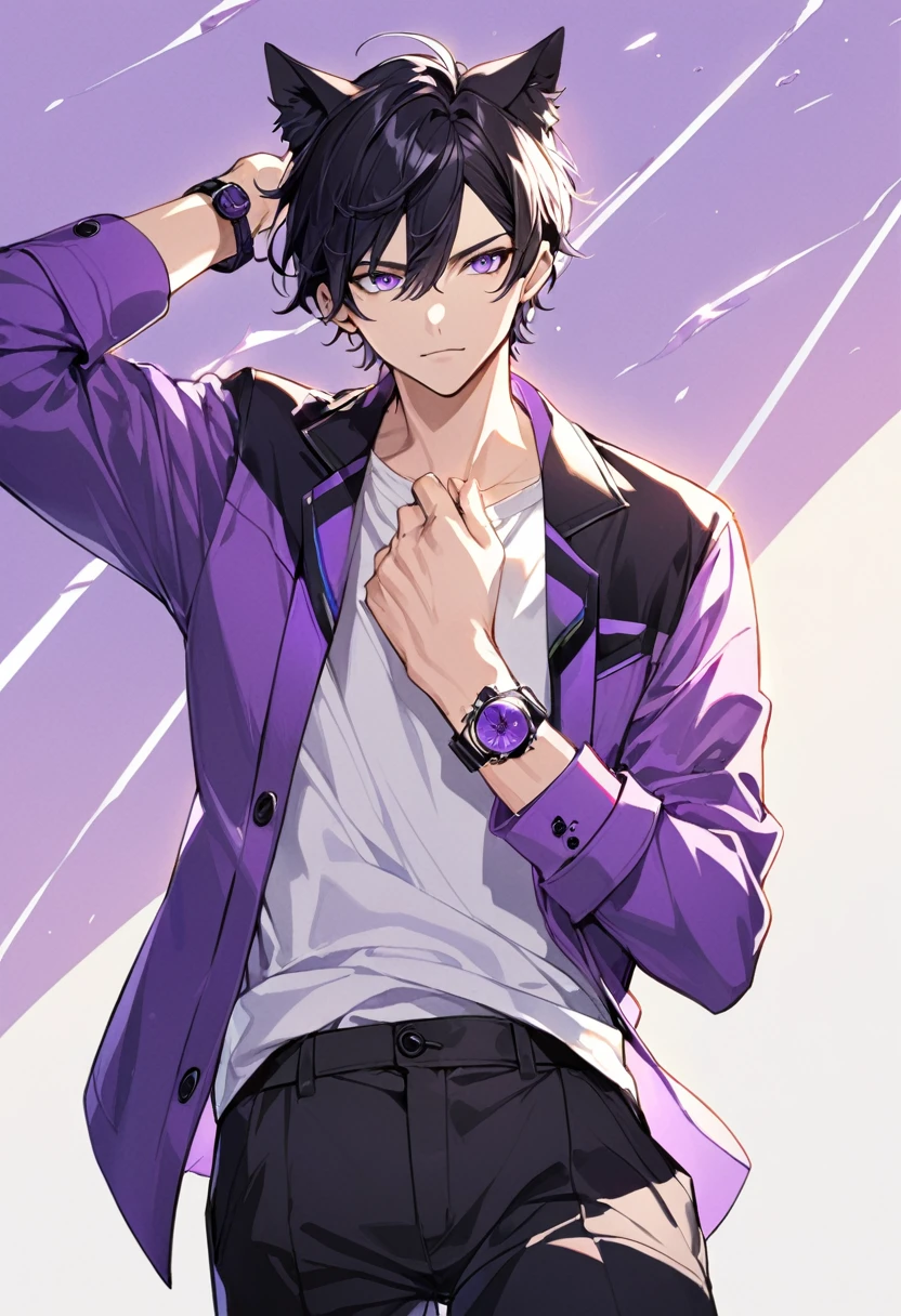1man, short black hair, black cat ears, bright purple eyes, wearing a purple buttoned jacket, wearing a white undershirt, wearing black pants , wearing one purple watch, showing watch.