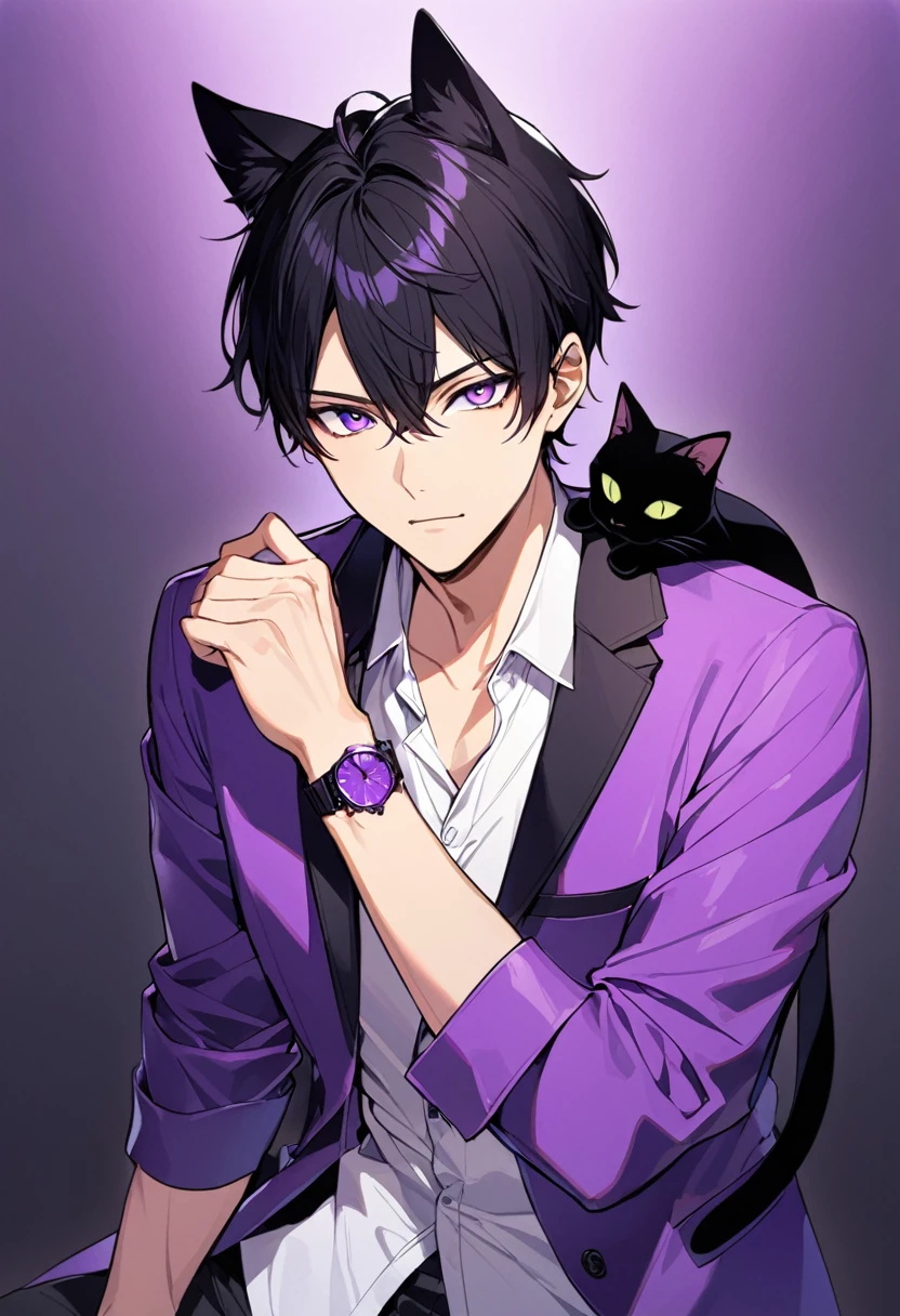 1man, short black hair, black cat ears, bright purple eyes, wearing a purple buttoned jacket, wearing a white undershirt, wearing black pants , wearing one purple watch, showing watch.