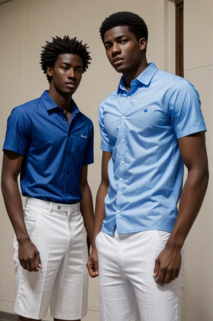 High school boy blue shirt, white skin and tall against another high school boy in a blue shirt, dark skin and athletic