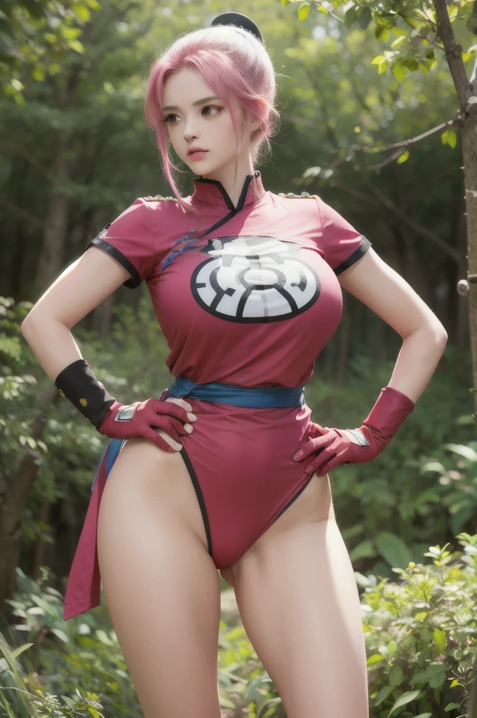 maam,big breasts,beautifuleyes,narrow waist,realistic,solo,outdoor,forest, martialMaam,pink hair,hair bun,long hair,china dress,short sleeves,sash,fingerless gloves,beautiful legs,(hands on hips, looking away),