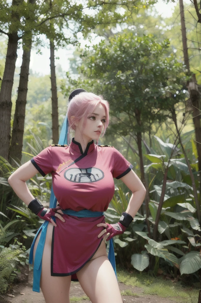 maam,big breasts,beautifuleyes,narrow waist,realistic,solo,outdoor,forest, martialMaam,pink hair,hair bun,long hair,china dress,short sleeves,sash,fingerless gloves,beautiful legs,(hands on hips, looking away),