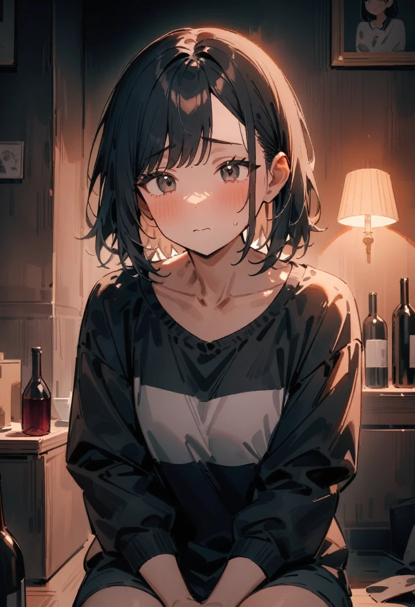 masterpiece, best quality, very aesthetic, absurdres, newest, 1girl, solo, asymmetrical bangs, tareme, young adult, long black hair, sad eyes, gazing at family photo, melancholic expression, casual clothes, dimly lit room, empty wine bottles, dark and oppressive atmosphere, neglected cluttered living space, sitting, upper body shot
