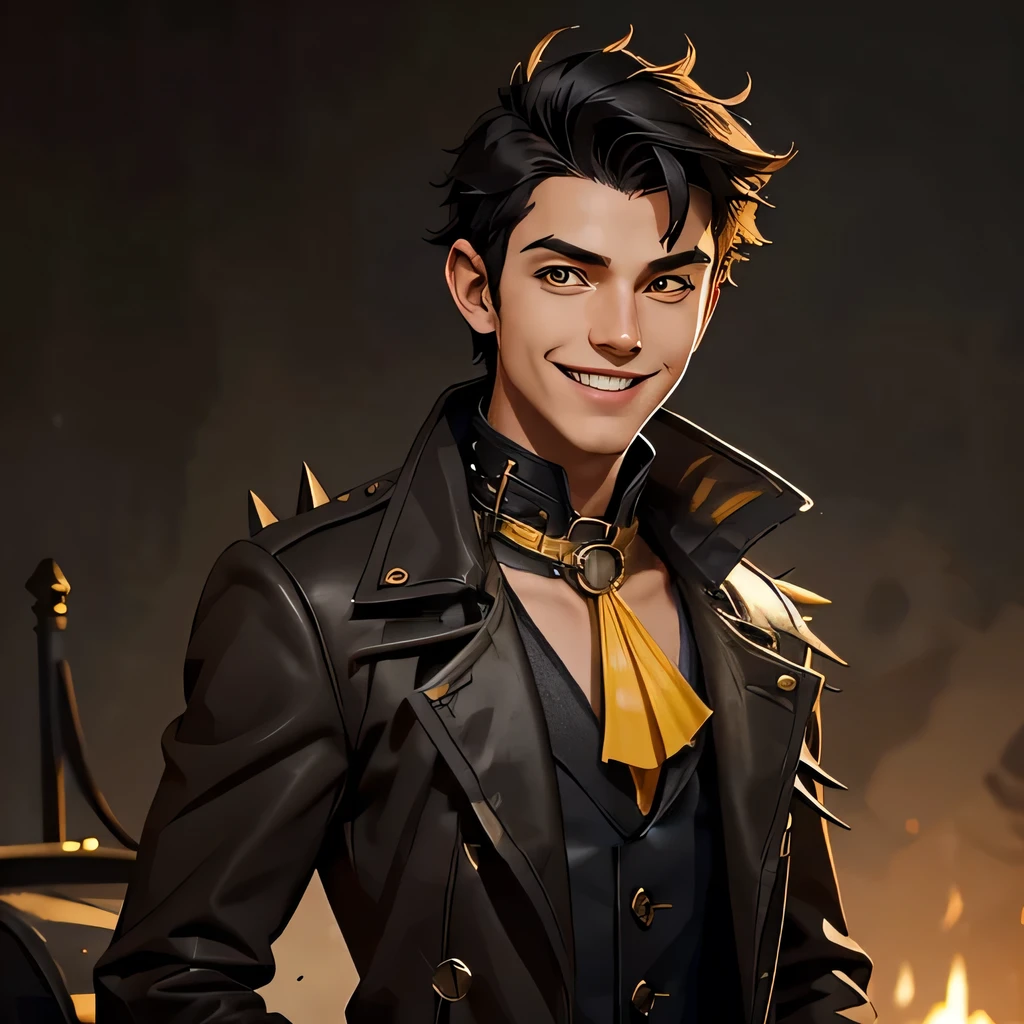 1 yong smile, teenager, boy, young, aristocrat, black short hair with spikes, dark yellow vest, brown/black dusty disheveled coat, yellow eyes, collar around the neck, cane with mace tip, a huge Irish wolfhound nearby, Black Style, easy going, Grinning, smile, torn coat