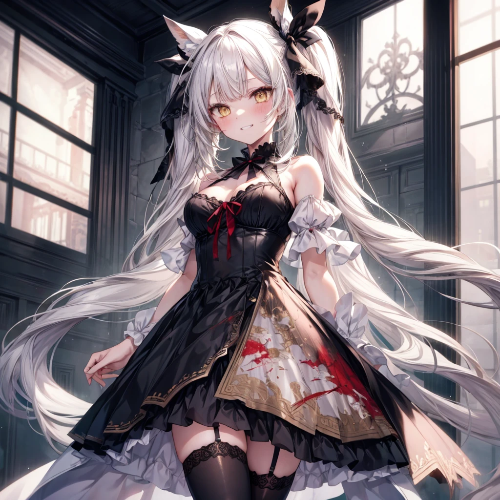 ((Highest quality)), ((masterpiece)), (detailed), there is a sexy girl with white hair and white eyes in a dress, 1girl, 独奏, breasts, long hair, thighhighs, yellow eyes, looking at viewer, twintails, black dress, hair ribbon, black ribbon, blush, evil grin, aroused, bare shoulders, from below, face focus, blood