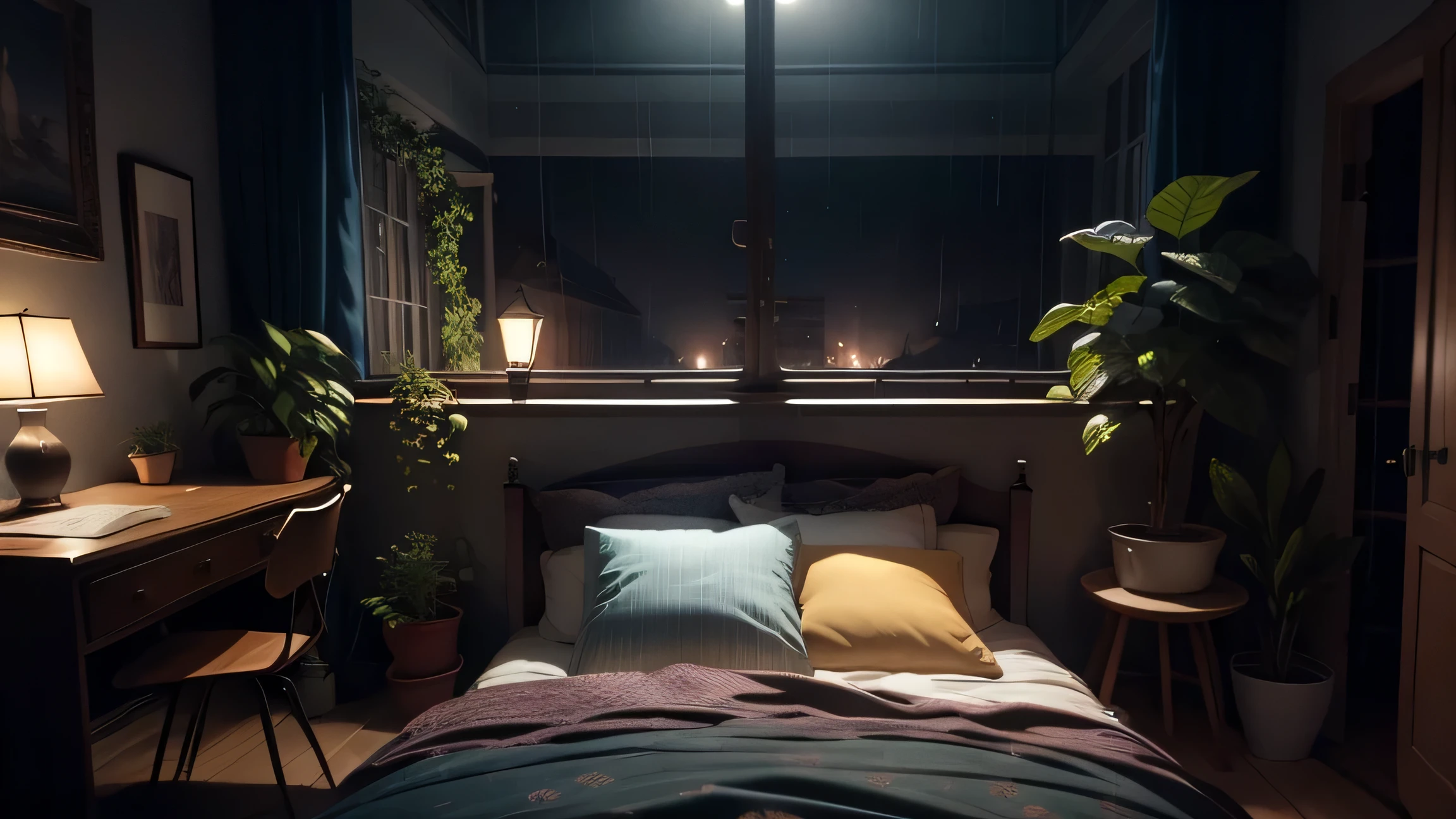 two point perspective, low  angle view, extremely detailed, Photorealism, masterpiece, Night scene, quilt on the big bed, desk lamp, courtyard outside the French window, plants, dark sky, rain, fog, cinematic perspective, 8K, photography, high detail, details, high quality shadows, realism