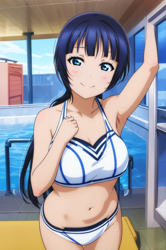 (((pixel-perfect, detail-perfect))), solo, 1girl, Karin asaka, smile, eyes azzur, hair blue, sauna, armpit, bikini, large extreme filesize, ultra High Qality