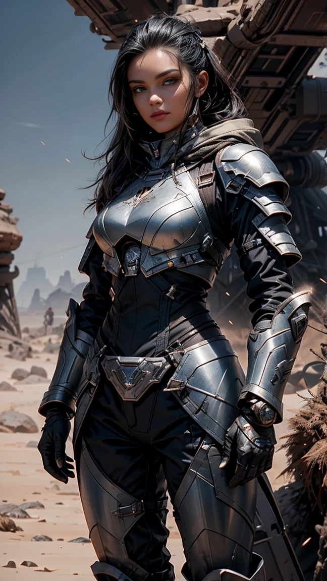 female in futuristic armor in a desert on Mars-like planet, in the style of dark silver and dark bronze, random ravels, sharp/prickly, scoutcore, dau al set, depicts real life, leather/hide --ar 37:56 --stylize 750 --v 6