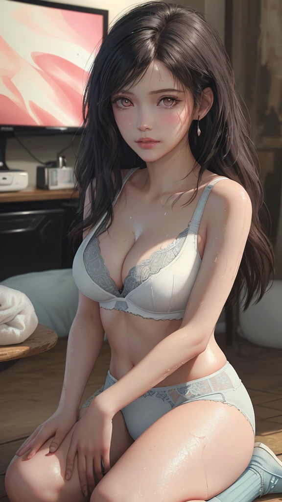 (masutepiece: 1.3), (max resolution: 1.2), (Ultra HDTV: 1.2), cinematric light, 8K resolution, Detailed eyes and skin, detailed facial features, , (Sharp Focus: 1.2), (Focus on Face:1.2),Perfect Style, Beautiful face, precise, Anatomically correct, Highly detailed face and skin texture, Detailed eyes, Double eyelids, Thin eyebrows, glitter eyeliner: 1 Natural cheeks, Glossy skin, Fair skin: 1.2, (Glossy lips: 1.4),、 (Shy look: 1.2),Highly detailed facial and skin texture, Detailed eyes, Double eyelids, Natural cheeks, , shiny lips: 1.4,tifa lockhart、Red_eyes、Black hair、Long hair、masterpiece、The ultra -The high-definition、infp young woman、1 persons、Exposed cleavage、Soft breasts、Overflowing sperm、open one's legs、Open your crotch、Open knees、embarrassed from、red blush、masturbation、Misaligned bra、full of sweat、Wet underwear、Masturbation behavior、Sperm taken、Put your hands inside your underwear、glareing、Inside an abandoned building、disheveled clothing、Torn clothing,Black underwear、Frightened、25-years old、