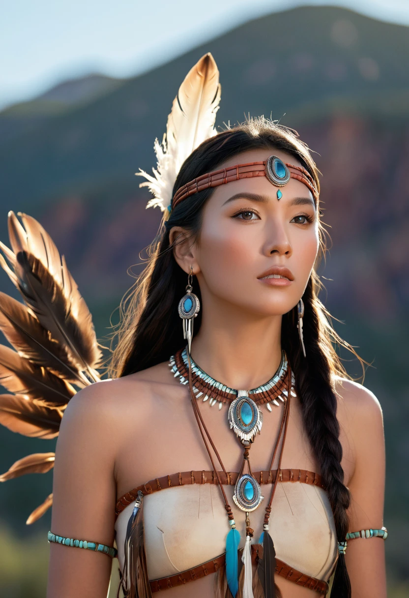 full body photograph of Marie Avgeroupolus as Pocahontas, young beautiful native american woman, perfect symmetrical face, indigenes feather jewelry, (nude), armed female hunter warrior, (((wild west))) environment, Utah landscape, ultra realistic, concept art, elegant, ((intricate)), ((highly detailed)), depth of field, ((professionally color graded)), soft ambient lighting, dusk, 8k, art by artgerm and greg rutkowski and alphonse mucha,