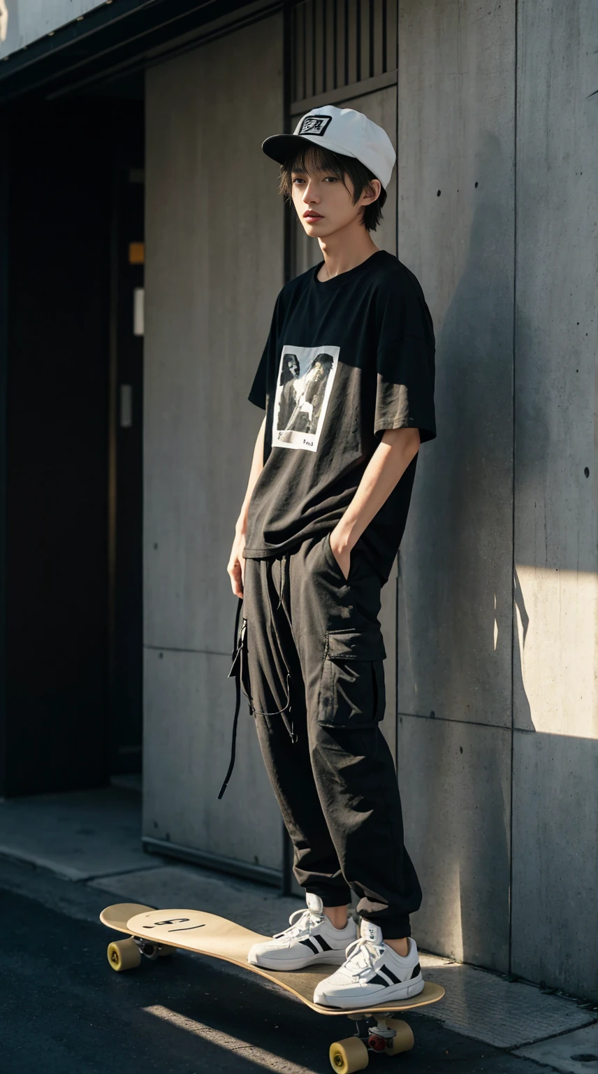 Japanese men with a height of 170 cm,Slender body with slightly muscular lines,Loose black T-shirt,Olive cargo pants,Wearing black sneakers,Wearing a white fur hat,Handheld skateboard,The hair is blonde,Realistic shadows