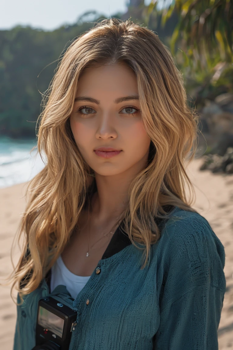 realistic photo, a realistic photo of 18yo girl wearing, blonde hair, beach, (1 girl), (чрезвычайно подробные обои CG Unity 8k), Photo of the most beautiful work of art in the world, Professional majestic (photo by Steve McCurry), 8k contract, SLR camera, soft lighting, high quality, Granularity, Fujifilm XT3 sharp focus, the same 5.6, high detail, sharp focus, Dramatic, (Looking at the viewer:1.2), (detailed students:1.3), (Natural light),
