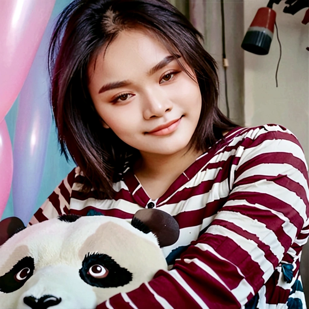 Young girl, beautiful face, beautiful dress, charming smile, hugging a large panda doll, her skin is brown,