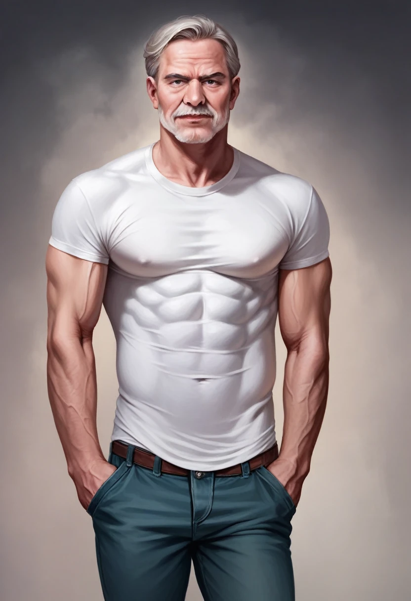 A muscular 40-year-old man portrait, wearing a white T-shirt and being naked, provocative, (best quality, 4k, highres, masterpiece:1.2), ultra-detailed, (realistic, photorealistic:1.37), strong body structure, defined muscles, intense gaze, rugged features, sculpted abs, dramatic lighting, seductive pose, vibrant colors, hiperrealism, 8k