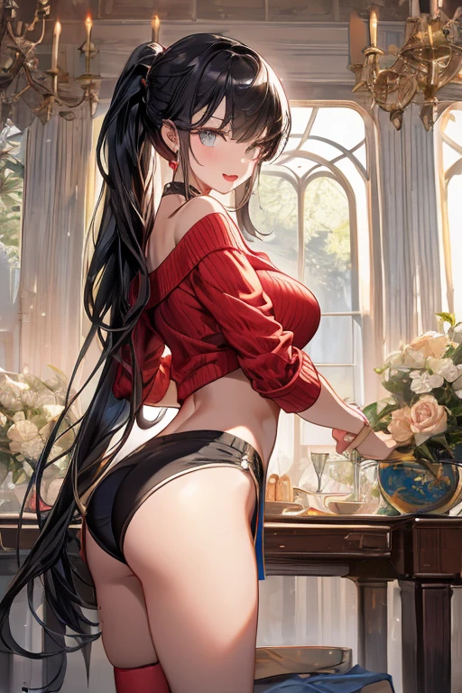 (dynamic angle:1.3, front view:1.1, breast focus:1.3, from below:1.2), (dynamic posing:1.5, sexy posing:1.2, leaning forward), (seductive smiling:1.3), ((looking at viewer, holding a cake)),highest quality、(real、photorealistic:1.4),(ultra high resolution, 8K RAW photo, clear focus), best qualtiy, natural lighting, field depth, (Bright pupils, detailed beautiful eyes, high detailed face), Red lip, (tight focus:1.2, from below), sexy posing, a girl 22yo old, teacher, wearing a , bootyshorts, Thicc, thin breast, long hair, blue eyes,off-shoulder dress, sweater dress, off-shoulder sweater, red sweater,garter stocking, cleavage:1.1, midriff, black shorts, black thighhighs, thigh strap, pretty girl, (highly detailed beautiful face and eyes,firm breasts),real skin,((black,hair,long pony tail hair)),thin pubic hair,cute,lovely, detailed eyes, This masterpiece is only visually stunning but also tells,(double breasted:1.0,under bust:1.0),(with sparkling eyes and a contagious smile),open mouth, Looking at Viewer,