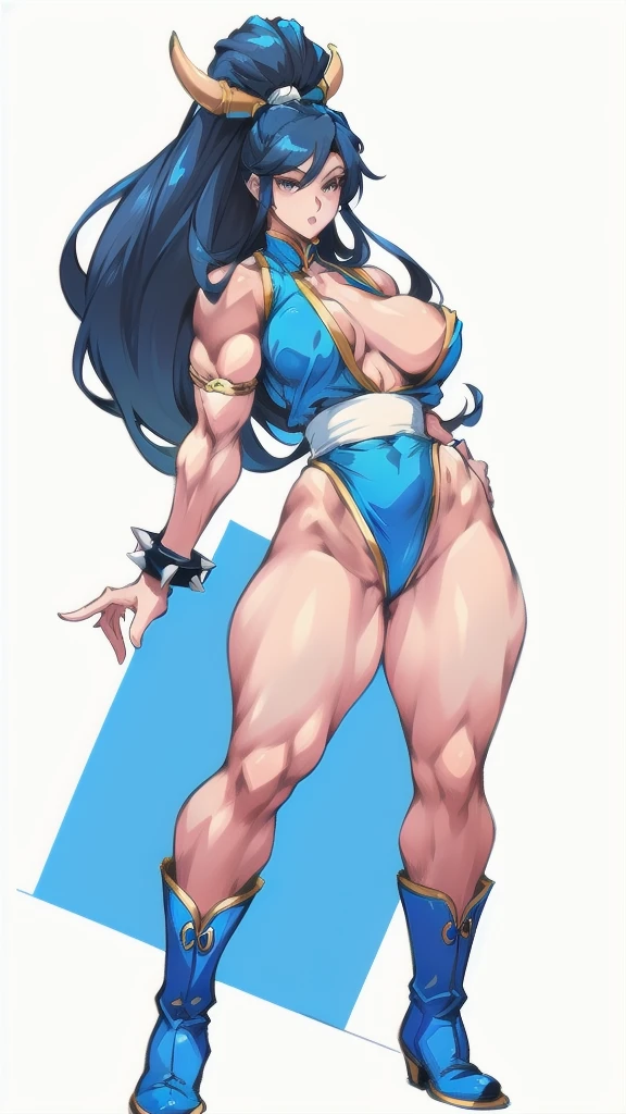Full body image of Chun-Li from Street Fighter Alpha 2, full body in image, wearing her original outfit (blue qipao with gold accents, white boots, spiked bracelets, and ox horn hairstyle with white ribbons), long hair, female body, muscular and athletic body, dynamic pose, detailed pose, simple background, expressive face, focus on face, line art, sketch