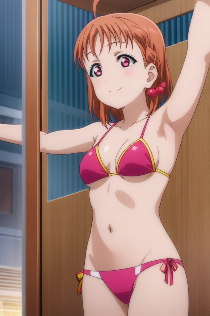 (((pixel-perfect, detail-perfect))), solo, 1girl, chika takami, smile, sauna, bikini, armpit, medium filesize, ultra High Qality