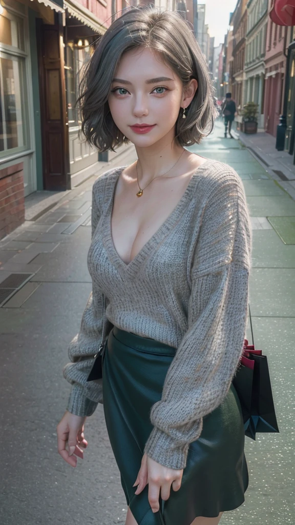 (8K, RAW Photos, Highest quality,masterpiece:1.2),(Realistic, photo-Realistic:1.4),(extremely detailed 8K wallpaper),One Woman,Beautiful Face,Very detailed,Fuller lips,Beautiful Face,Realistic Skin,Detailed skin,model,Beautiful woman,Exquisite face,Dimples,(Medium breasts:1.3),(Shopping Street:1.5),(Short Hair:1.5),(Gray Hair:1.5),(green eyes:1.5),bright,Detailed face,Beautiful Face,smile,(Seductive pose:1.2),,(Black Skirt:1.3),(V-neck sweater:1.4),Earrings,pendant,stand.Date,bag,