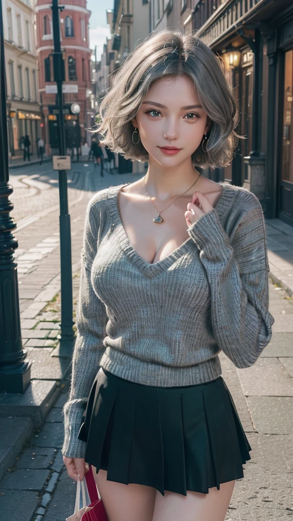 (8K, RAW Photos, Highest quality,masterpiece:1.2),(Realistic, photo-Realistic:1.4),(extremely detailed 8K wallpaper),One Woman,Beautiful Face,Very detailed,Fuller lips,Beautiful Face,Realistic Skin,Detailed skin,model,Beautiful woman,Exquisite face,Dimples,(Medium breasts:1.3),(Shopping Street:1.5),(Short Hair:1.5),(Gray Hair:1.5),(green eyes:1.5),bright,Detailed face,Beautiful Face,smile,(Seductive pose:1.2),,(Black Skirt:1.3),(V-neck sweater:1.4),Earrings,pendant,stand.Date,bag,